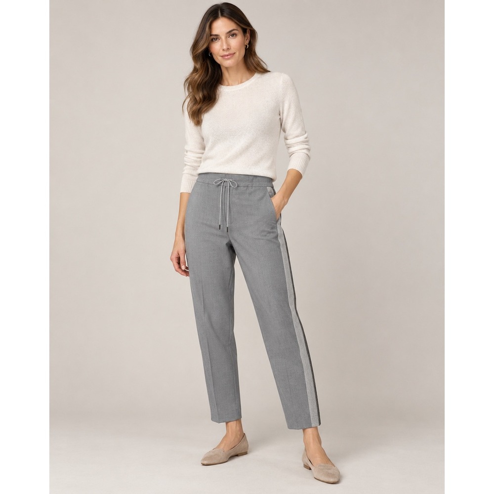 Fabiana Filippi 46 Gray Virgin Wool Tapered Pants Monili Bead Stripe Italy US 10